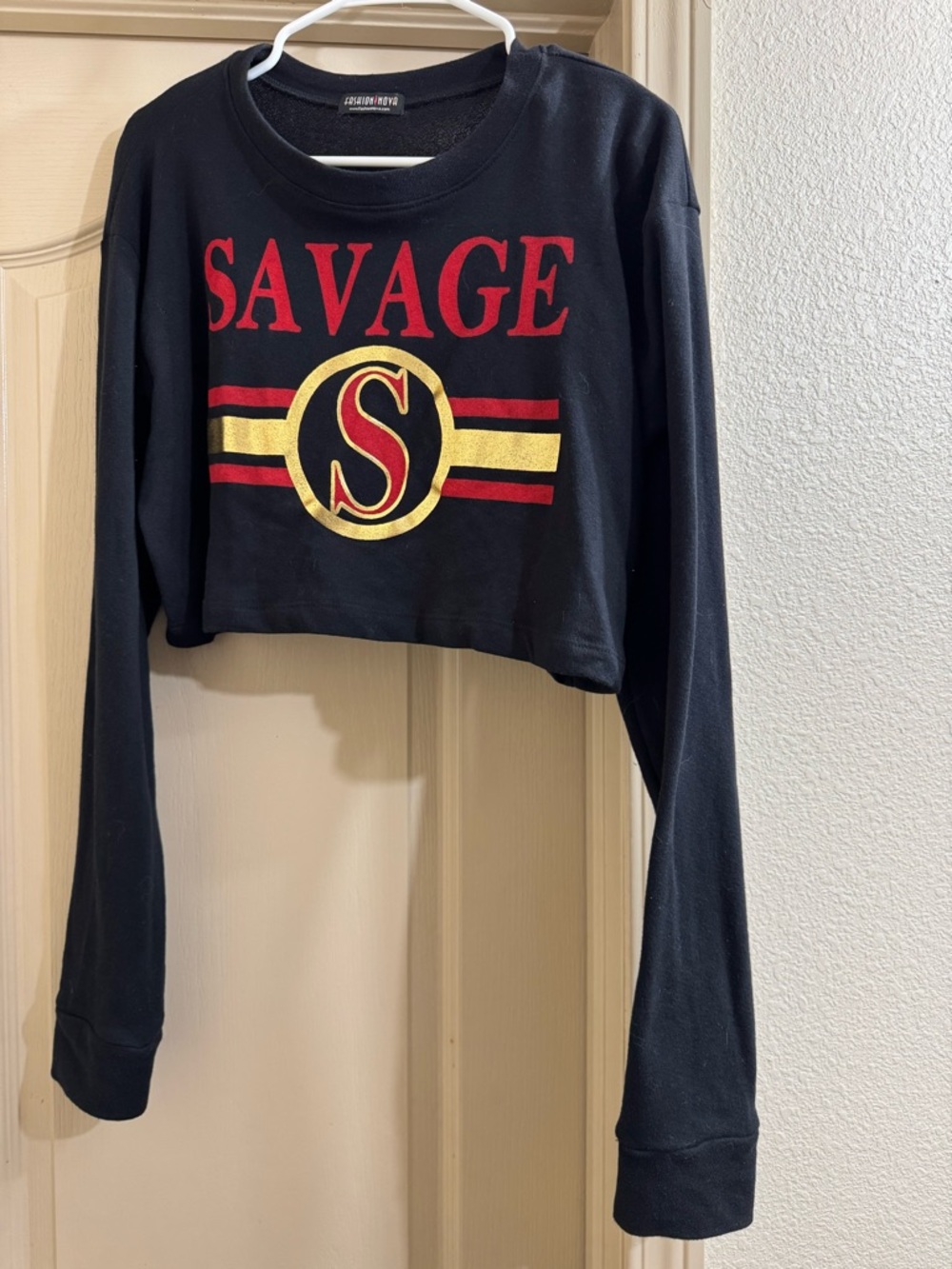 NWOT Fashion Nova Savage Black Cropped Sweatshirt with Red & Gold Graphic